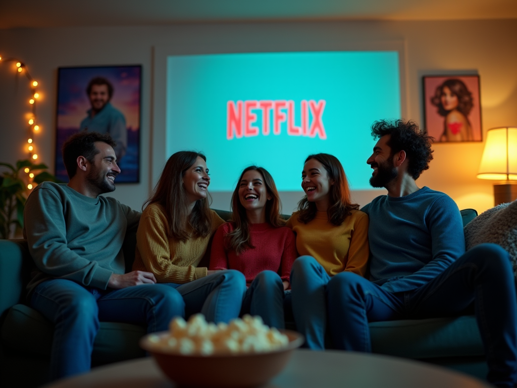 Друзья веселятся, смотря фильмы на Netflix в уютной гостиной.