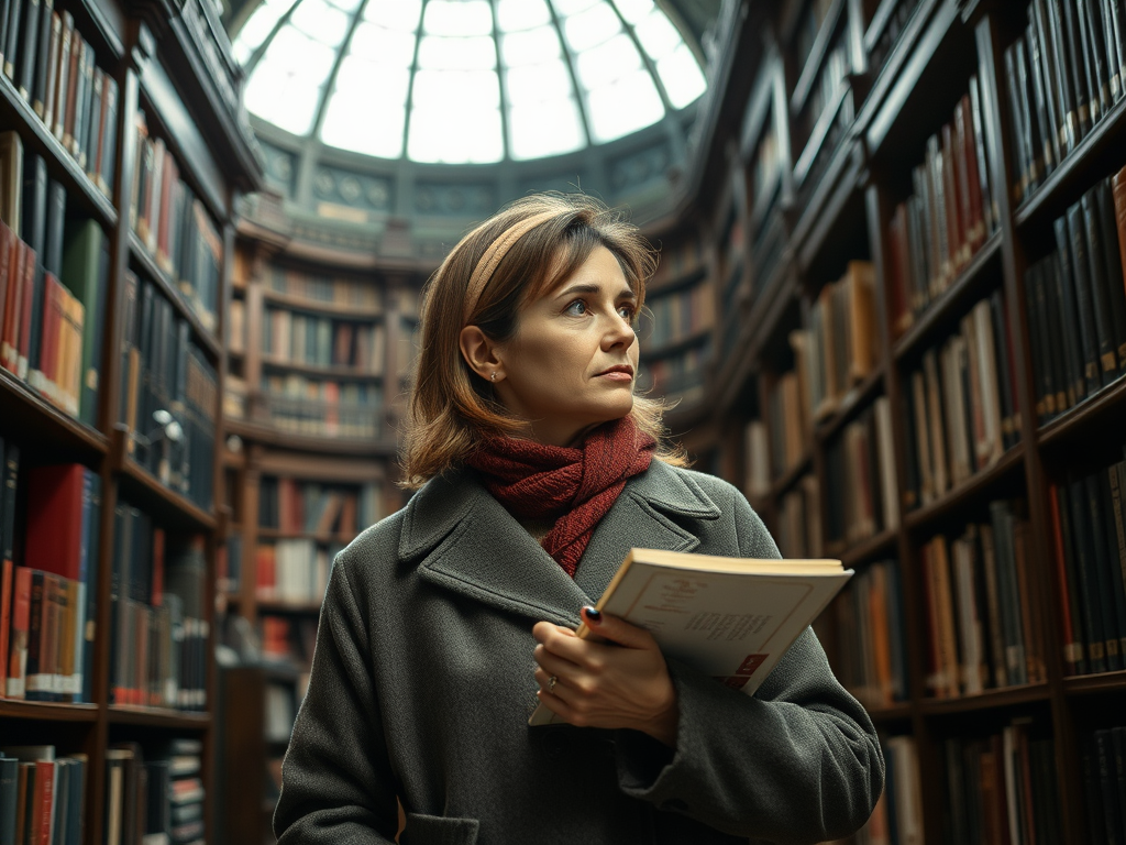 Женщина в библиотеке с книгой, вокруг полки с книгами и куполообразным потолком.